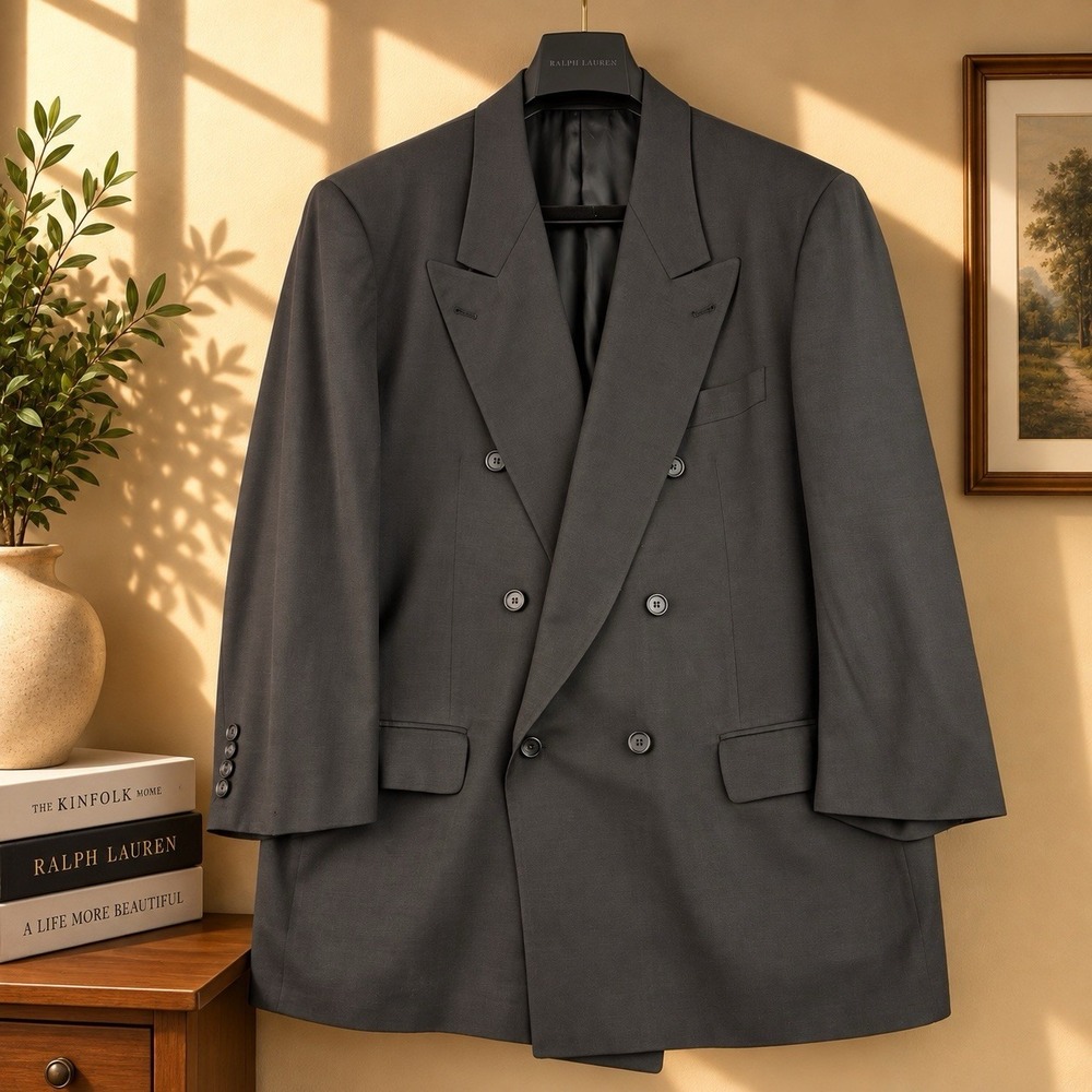 Vintage Hugo Boss Blazer Mens 46R Charcoal Wool Double Breasted Al Capone USA